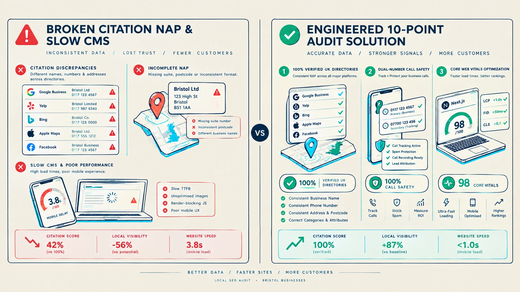 Figure 2: Performance Audit: Broken Fragmented Citations vs. Engineered 10-Point Audit Architecture.