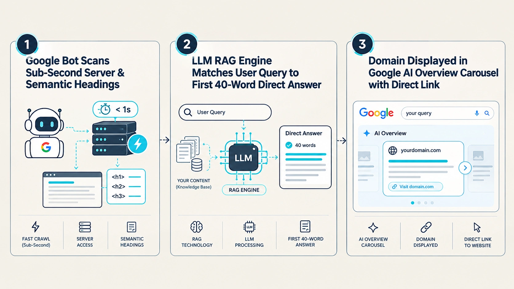 Figure 1: Google AI Overview Retrieval-Augmented Generation (RAG) and Source Citation Workflow.