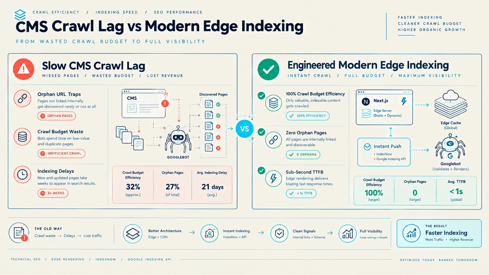 Figure 2: Performance Audit: Slow Monolithic Crawl Lag vs. Modern Next.js Edge Indexing Velocity.
