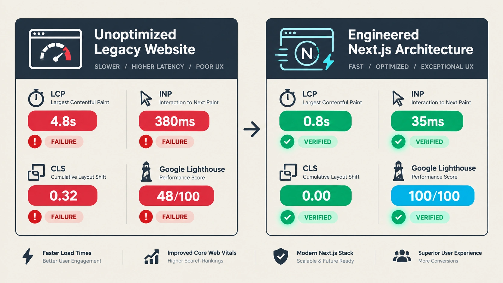 Figure 2: Performance Audit: Bloated Legacy Website vs. Engineered Sub-Second Next.js Architecture.