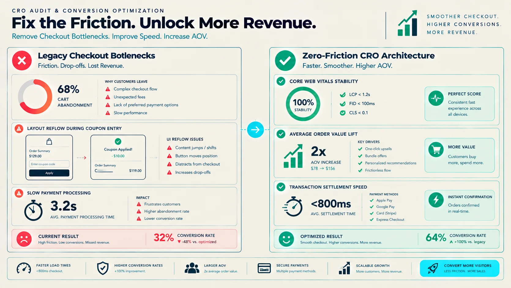 Figure 2: Performance Audit: Sluggish Multi-Step Checkout vs. Zero-Friction Next.js Funnel.