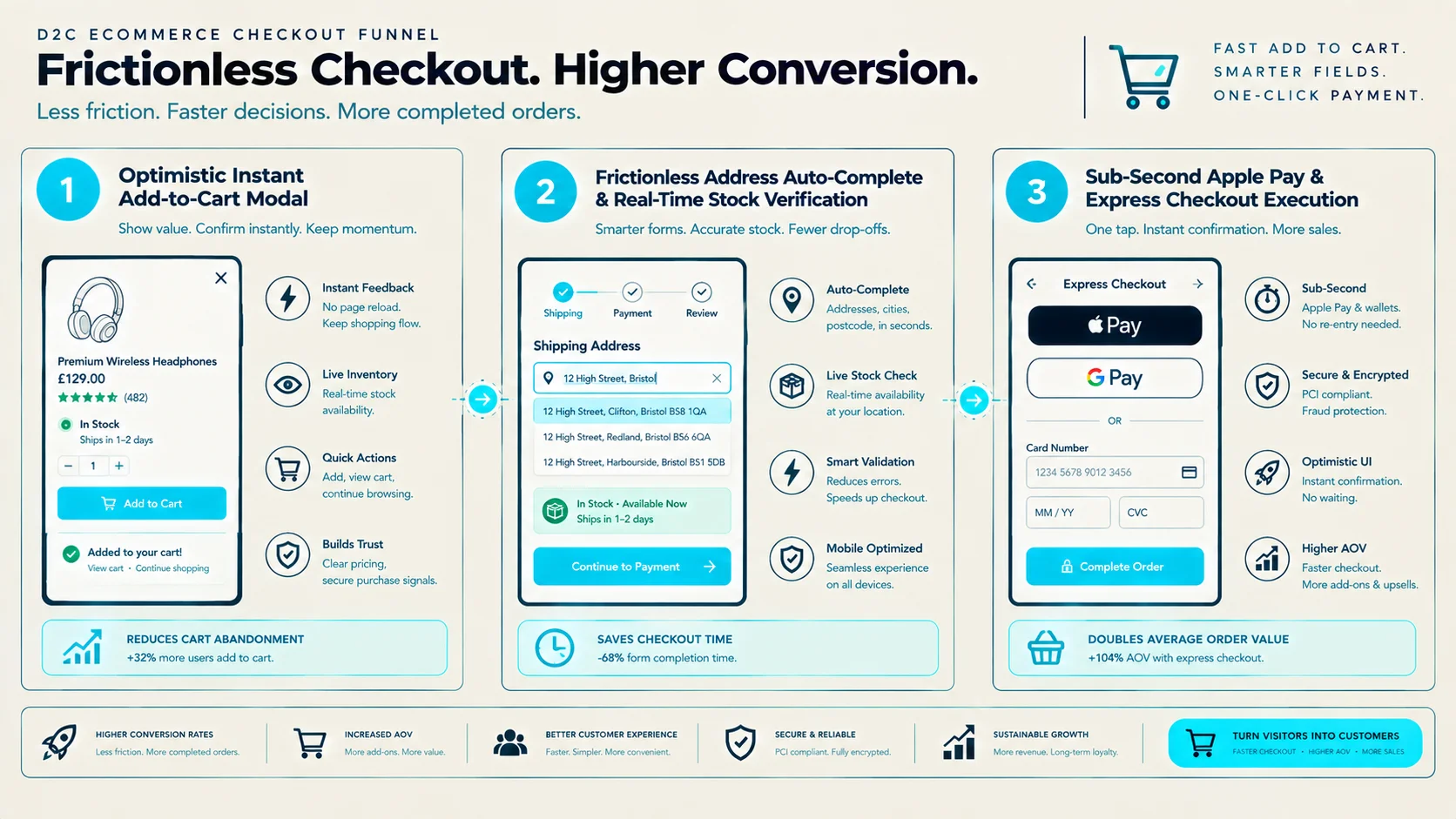 Figure 1: High-Speed Zero-Friction D2C Checkout & Micro-Interaction Funnel.